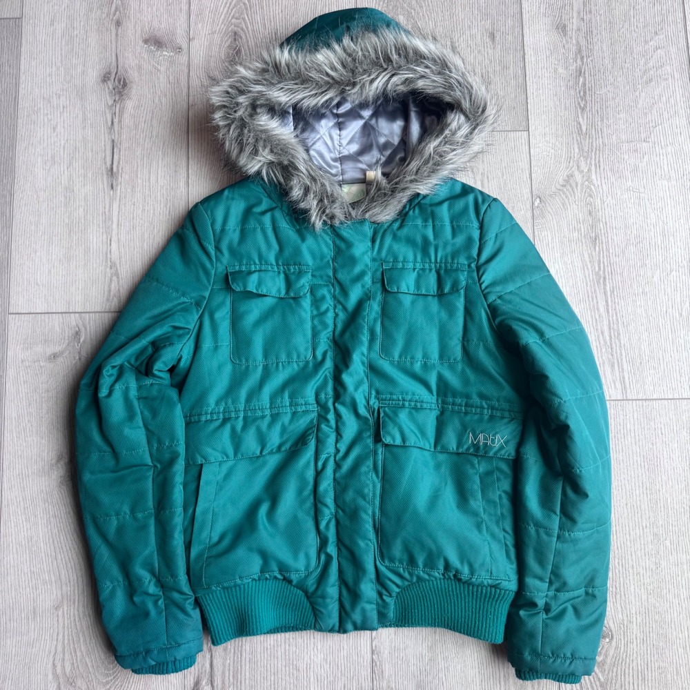 Matix Vintage Y2K Teal Green Puffer Jacket Faux Fur Hood Skate Bomber Small